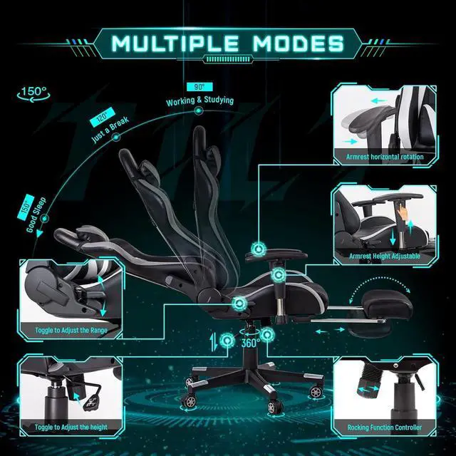 Alt view image 4 of 7 - AA Products Gaming Chair High Back Ergonomic Computer Racing Chair Adjustable Office Chair with Footrest, Lumbar Support Swivel Chair - White