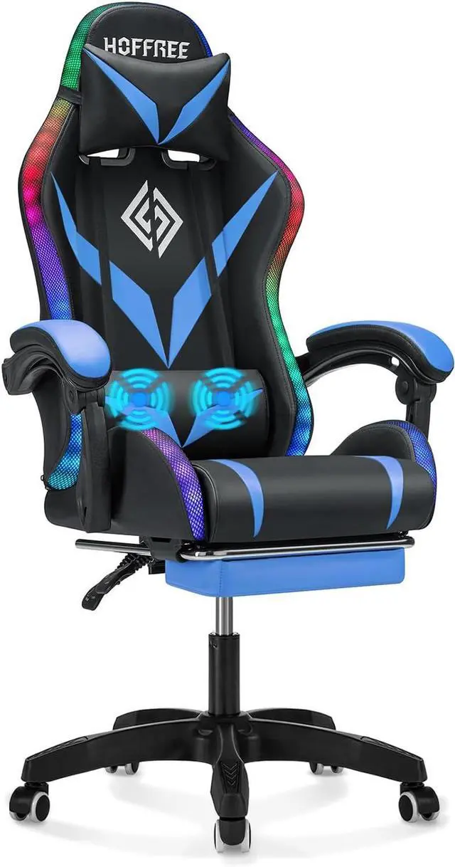 Main image of RGB Gaming Chair with Massage and LED Lights Ergonomic Video Game Chairs with Footrest High Back Reclining Computer Chair with Adjustable Lumbar Support Blue and Black