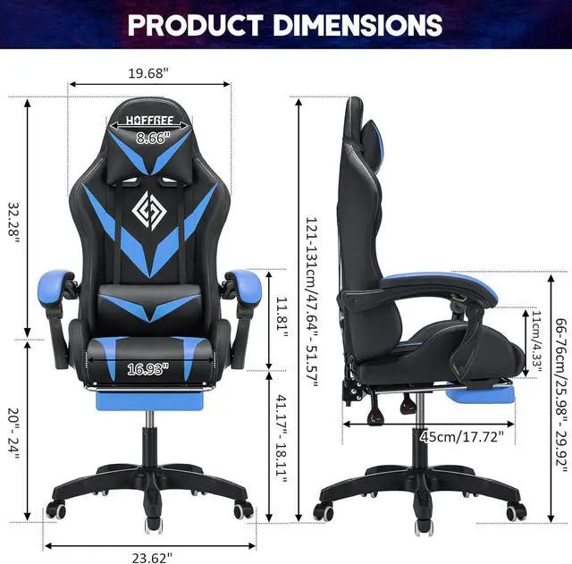 Alt view image 3 of 7 - RGB Gaming Chair with Massage and LED Lights Ergonomic Video Game Chairs with Footrest High Back Reclining Computer Chair with Adjustable Lumbar Support Blue and Black