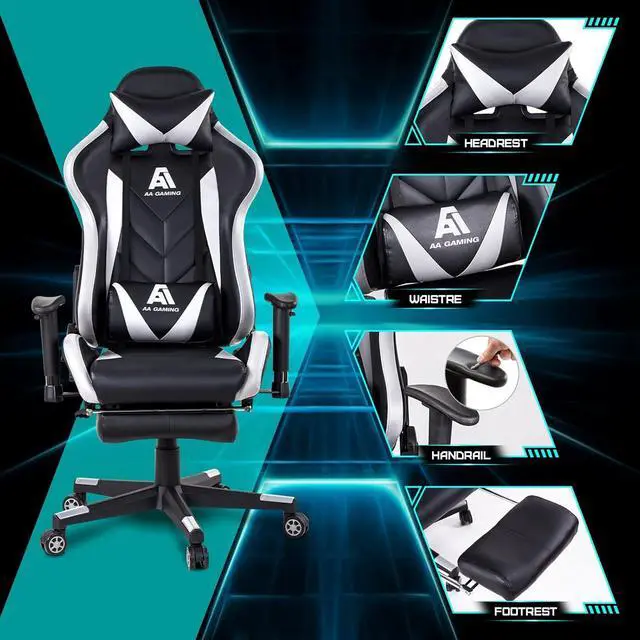 Alt view image 6 of 7 - AA Products Gaming Chair High Back Ergonomic Computer Racing Chair Adjustable Office Chair with Footrest, Lumbar Support Swivel Chair - White