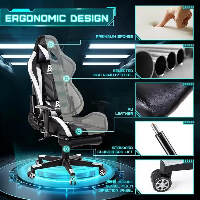 Alt view image 5 of 7 - AA Products Gaming Chair High Back Ergonomic Computer Racing Chair Adjustable Office Chair with Footrest, Lumbar Support Swivel Chair - White