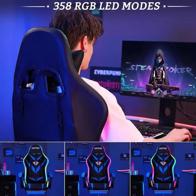 Alt view image 5 of 7 - RGB Gaming Chair with Massage and LED Lights Ergonomic Video Game Chairs with Footrest High Back Reclining Computer Chair with Adjustable Lumbar Support Blue and Black