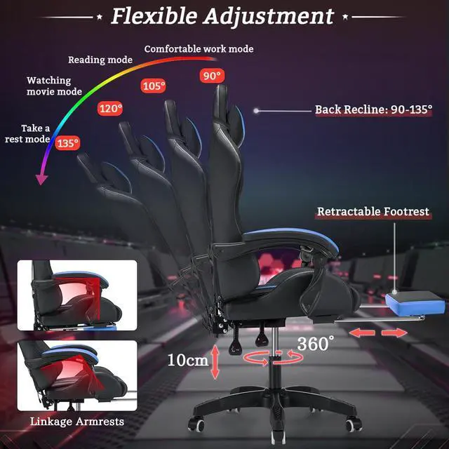 Alt view image 6 of 7 - RGB Gaming Chair with Massage and LED Lights Ergonomic Video Game Chairs with Footrest High Back Reclining Computer Chair with Adjustable Lumbar Support Blue and Black