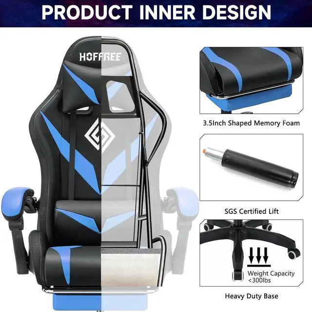 Alt view image 7 of 7 - RGB Gaming Chair with Massage and LED Lights Ergonomic Video Game Chairs with Footrest High Back Reclining Computer Chair with Adjustable Lumbar Support Blue and Black
