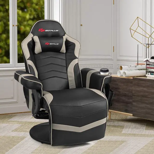 Alt view image 2 of 7 - POWERSTONE Gaming Recliner Massage Gaming Chair with Footrest Ergonomic PU Leather Single Sofa with Cup Holder Headrest and Side Pouch, Adjustable Living Room Chair Home Theater Seating (Grey)