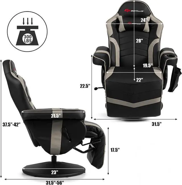 Alt view image 3 of 7 - POWERSTONE Gaming Recliner Massage Gaming Chair with Footrest Ergonomic PU Leather Single Sofa with Cup Holder Headrest and Side Pouch, Adjustable Living Room Chair Home Theater Seating (Grey)