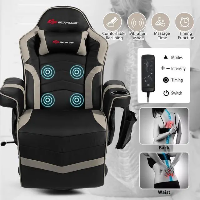 Alt view image 4 of 7 - POWERSTONE Gaming Recliner Massage Gaming Chair with Footrest Ergonomic PU Leather Single Sofa with Cup Holder Headrest and Side Pouch, Adjustable Living Room Chair Home Theater Seating (Grey)