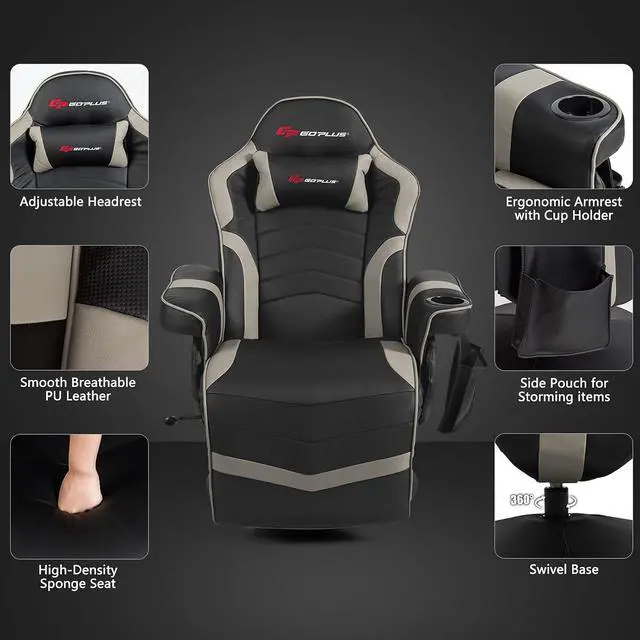 Alt view image 6 of 7 - POWERSTONE Gaming Recliner Massage Gaming Chair with Footrest Ergonomic PU Leather Single Sofa with Cup Holder Headrest and Side Pouch, Adjustable Living Room Chair Home Theater Seating (Grey)