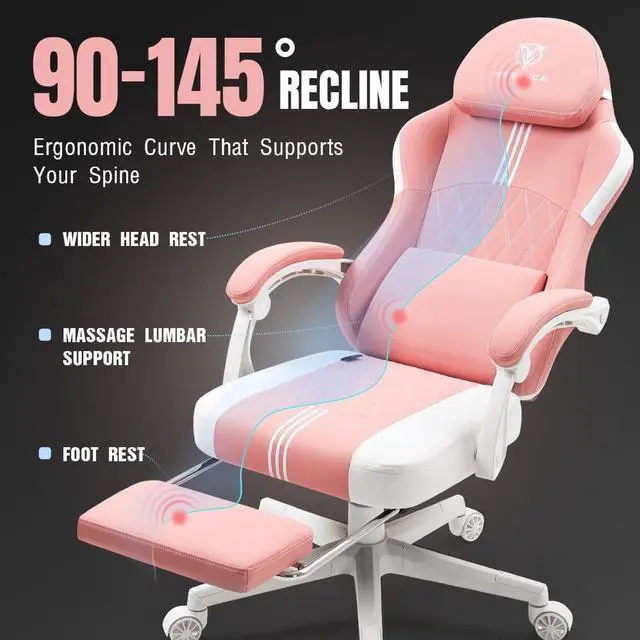 Alt view image 7 of 7 - Gaming Chair, Big and Tall Gaming Chairs for Adults with Pocket Spring Cushion, Footrest and Massage Lumbar Support, Adjustable High Back Ergonomic Gaming Chair 300LBS Pink