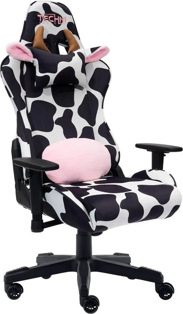 Main image of Techni Sport Gaming Chair - Black White Cow Print - Ergonomic Office Computer Chair with Memory Foam, Lumbar Support, Decorative Horns & Ears, 300 Lbs Capacity
