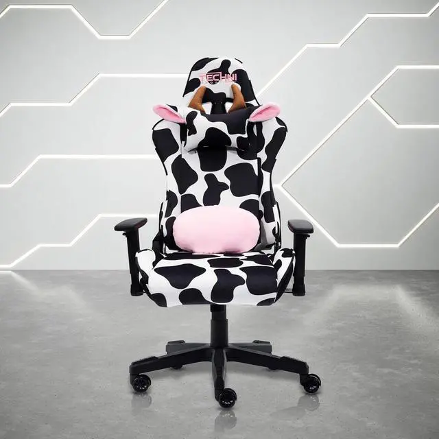 Alt view image 2 of 6 - Techni Sport Gaming Chair - Black White Cow Print - Ergonomic Office Computer Chair with Memory Foam, Lumbar Support, Decorative Horns & Ears, 300 Lbs Capacity