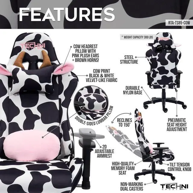Alt view image 3 of 6 - Techni Sport Gaming Chair - Black White Cow Print - Ergonomic Office Computer Chair with Memory Foam, Lumbar Support, Decorative Horns & Ears, 300 Lbs Capacity