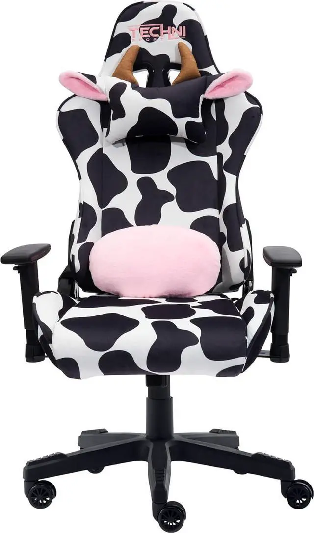 Alt view image 5 of 6 - Techni Sport Gaming Chair - Black White Cow Print - Ergonomic Office Computer Chair with Memory Foam, Lumbar Support, Decorative Horns & Ears, 300 Lbs Capacity
