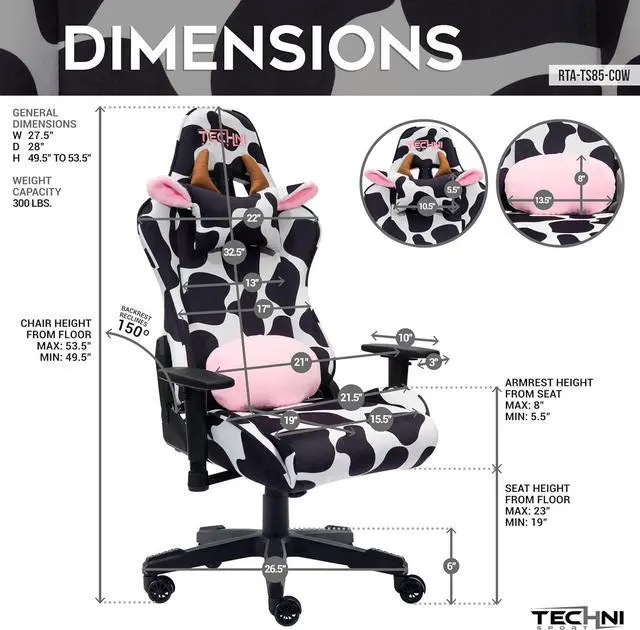 Alt view image 4 of 6 - Techni Sport Gaming Chair - Black White Cow Print - Ergonomic Office Computer Chair with Memory Foam, Lumbar Support, Decorative Horns & Ears, 300 Lbs Capacity