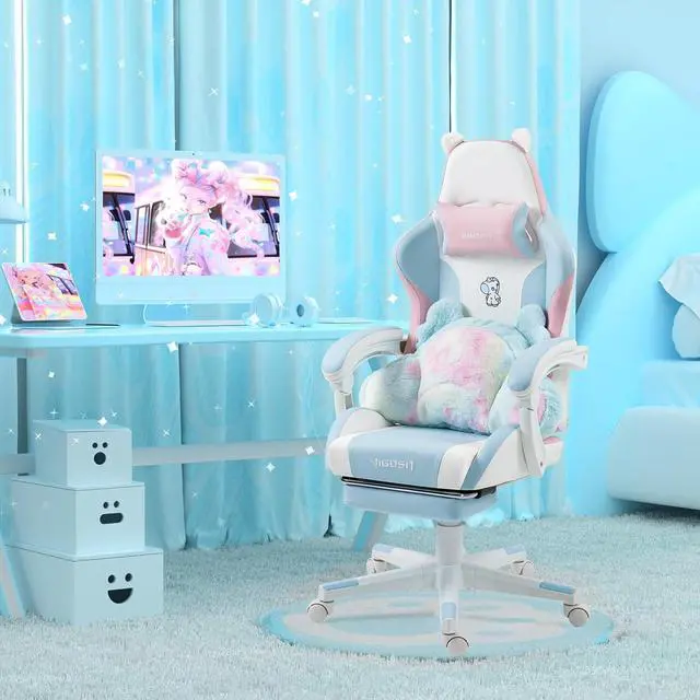 Main image of Blue and Pink Unicorn Gaming Chair with Footrest, Ergonomic Cute Gamer Chair with Cat Ears, Comfortable Desk Computer Chair for Girls