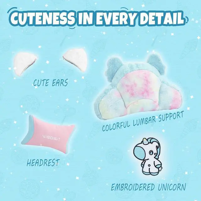 Alt view image 4 of 7 - Blue and Pink Unicorn Gaming Chair with Footrest, Ergonomic Cute Gamer Chair with Cat Ears, Comfortable Desk Computer Chair for Girls