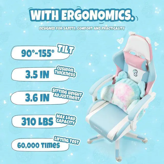 Alt view image 6 of 7 - Blue and Pink Unicorn Gaming Chair with Footrest, Ergonomic Cute Gamer Chair with Cat Ears, Comfortable Desk Computer Chair for Girls