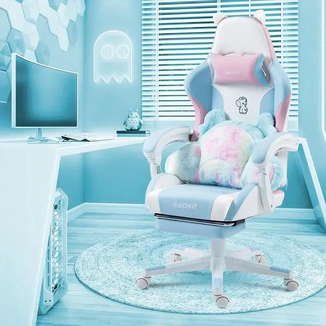 Alt view image 7 of 7 - Blue and Pink Unicorn Gaming Chair with Footrest, Ergonomic Cute Gamer Chair with Cat Ears, Comfortable Desk Computer Chair for Girls