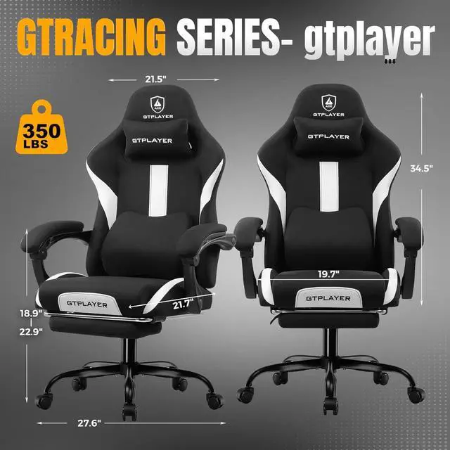 Alt view image 2 of 7 - GTRACING Gaming Chair with Foot Rest & Pocket Spring Cushion, Breathable Fabric for Home Office Desk, Ergonomic High Back Computer Chair with Headrest & Lumbar Support, Black