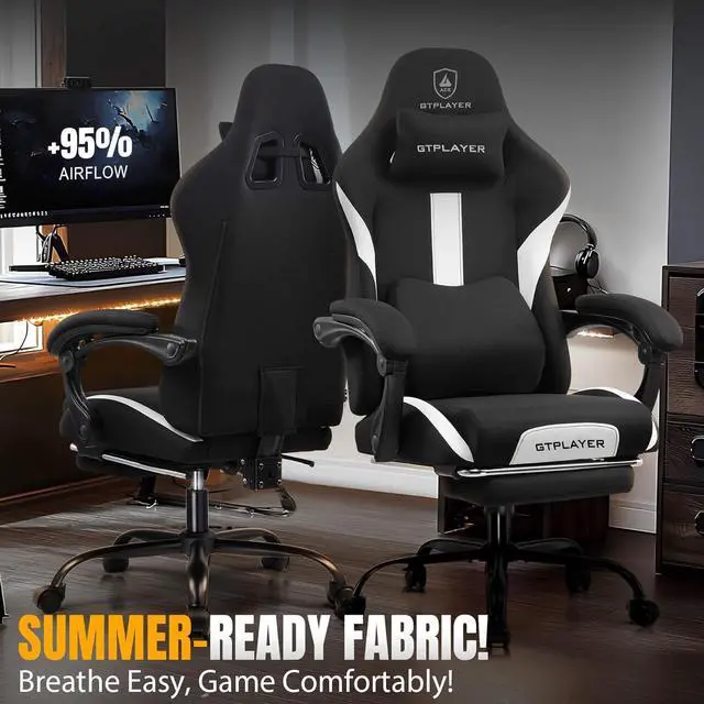 Alt view image 3 of 7 - GTRACING Gaming Chair with Foot Rest & Pocket Spring Cushion, Breathable Fabric for Home Office Desk, Ergonomic High Back Computer Chair with Headrest & Lumbar Support, Black