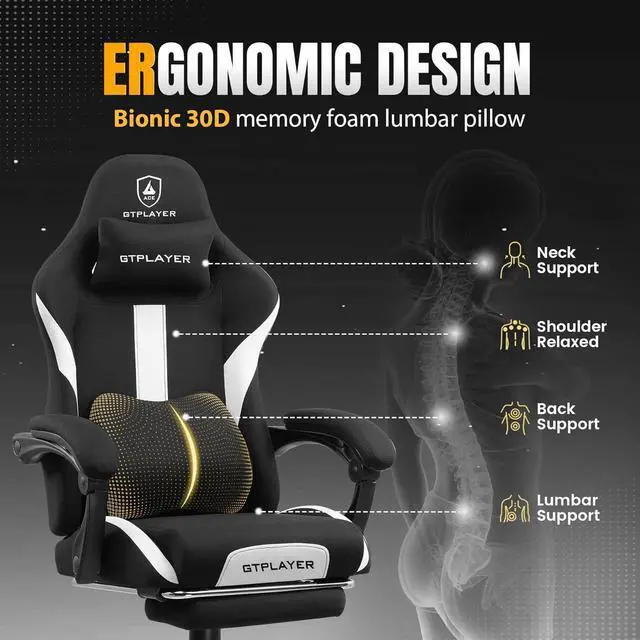 Alt view image 5 of 7 - GTRACING Gaming Chair with Foot Rest & Pocket Spring Cushion, Breathable Fabric for Home Office Desk, Ergonomic High Back Computer Chair with Headrest & Lumbar Support, Black