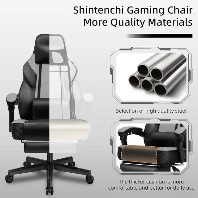 Alt view image 4 of 7 - Shintenchi Gaming Chair,Video Game Chair with footrest and Massage Lumbar Support,Height Adjustable Game Chair with 360°Swivel Seat Ergonomic Computer Chair with Headrest for Office or Gaming(Grey)