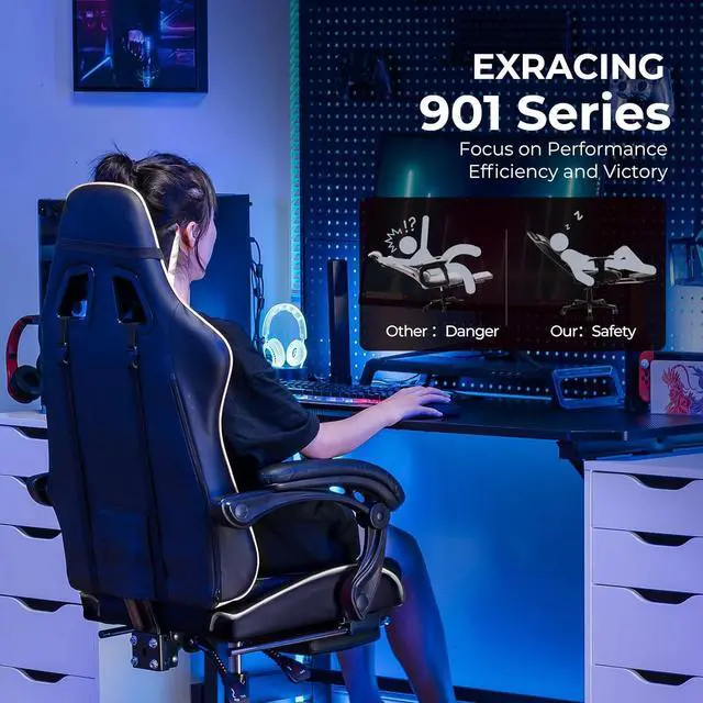 Alt view image 7 of 7 - EXRACING Gaming Chair Ergonomic Computer Chair with Footrest and Lumbar Support, Height Adjustable High Back Leather Office Chair, 360° Swivel with Linked Armrest, for Adult and Teen