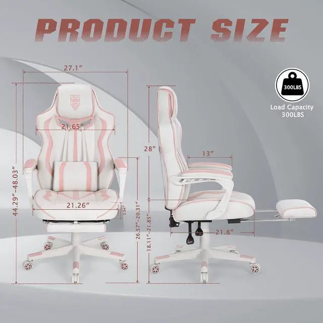 Alt view image 3 of 7 - Vonesse Gaming Chair for Girls, Pink Computer Gaming Chairs for Adults, Reclining Gamer Chair with Footrest with Massage, Ergonomic Home Office Chair High Back (White/Pink)