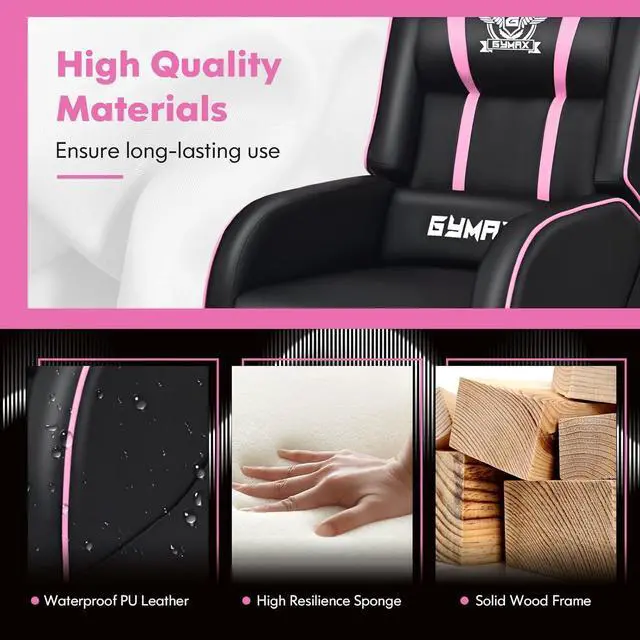 Alt view image 7 of 7 - GYMAX Gaming Recliner, Massage Gaming Chair w/Adjustable Footrest, Remote Control & Side Pocket, Ergonomic Game Lounge Chair, Racing Style Single Theater Seat Game Sofa for Adults (Pink)
