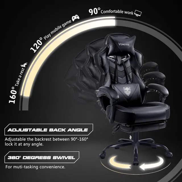 Alt view image 5 of 7 - Vonesse Gaming Chair, Computer Chair with Footrest and Massage, Big and Tall High Back Gamer Chair, Reclining Gaming Chairs for Adults (Classic Black)