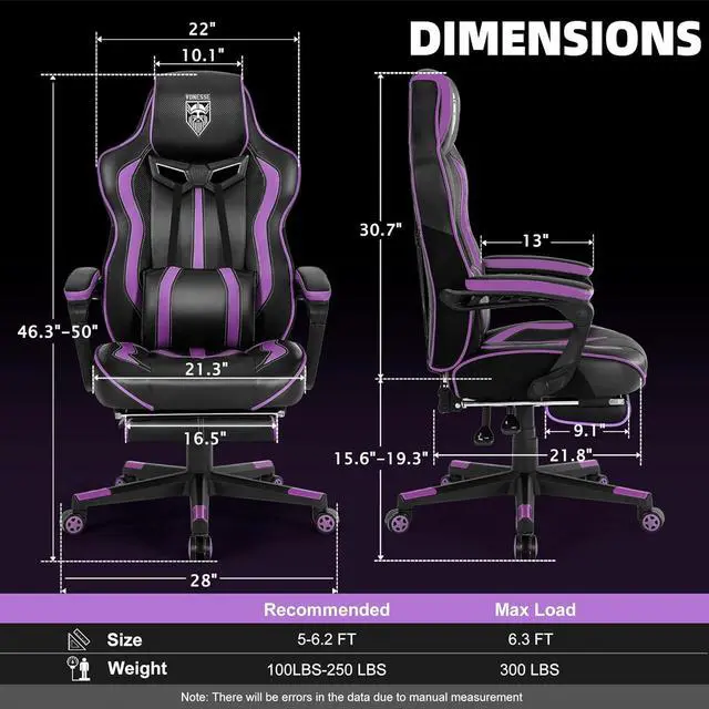 Alt view image 3 of 7 - Vonesse Purple Gaming Chair with Footrest, Reclining Computer Gaming Chairs for Adults, Ergonomic Gamer Chair with Massage, Big and Tall PC Game Chair(Purple/Black)