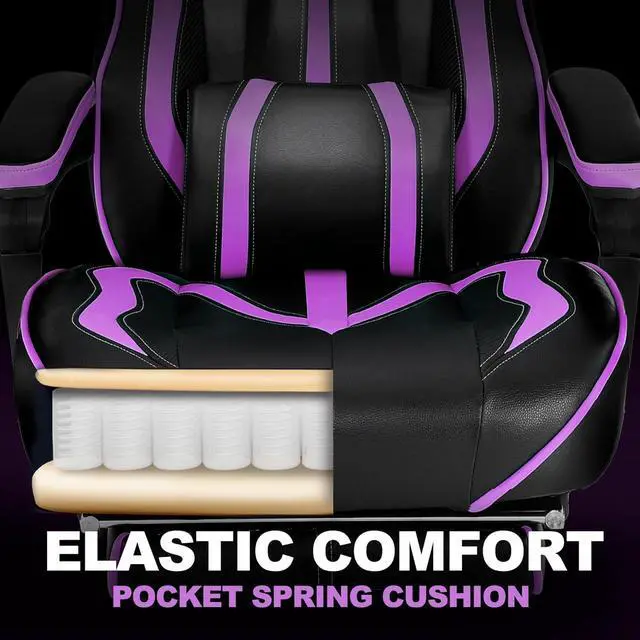 Alt view image 4 of 7 - Vonesse Purple Gaming Chair with Footrest, Reclining Computer Gaming Chairs for Adults, Ergonomic Gamer Chair with Massage, Big and Tall PC Game Chair(Purple/Black)
