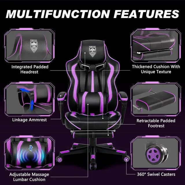 Alt view image 6 of 7 - Vonesse Purple Gaming Chair with Footrest, Reclining Computer Gaming Chairs for Adults, Ergonomic Gamer Chair with Massage, Big and Tall PC Game Chair(Purple/Black)