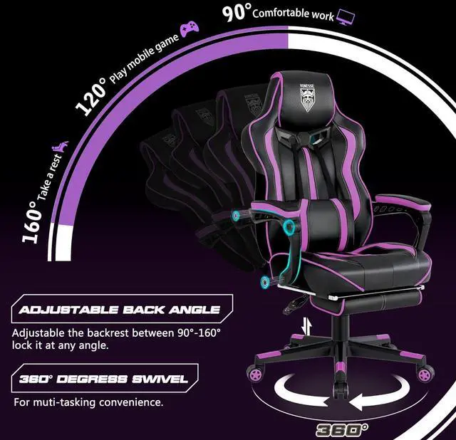Alt view image 7 of 7 - Vonesse Purple Gaming Chair with Footrest, Reclining Computer Gaming Chairs for Adults, Ergonomic Gamer Chair with Massage, Big and Tall PC Game Chair(Purple/Black)