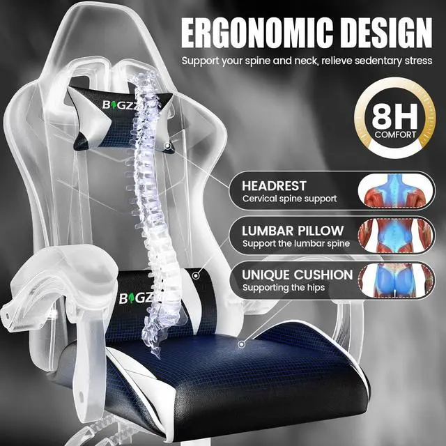 Alt view image 4 of 7 - Bigzzia Gaming Chair, Computer Chair with Lumbar Support, Video Game Chairs for Adults, Racing Style Gamer Chair with 360°-Swivel Seat and HeadrestWhite