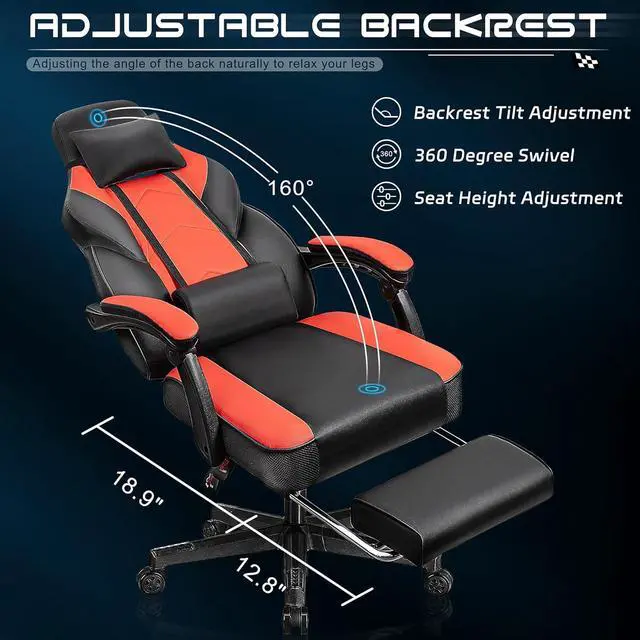 Alt view image 2 of 6 - Gaming Chair with Footrest, Video Game Chair for Adults, Big and Tall Computer Chair with Massage Lumbar Support 330lb Weight Capacity, Ergonomic Adjustable Height and 360° Swivel Seat (Red)