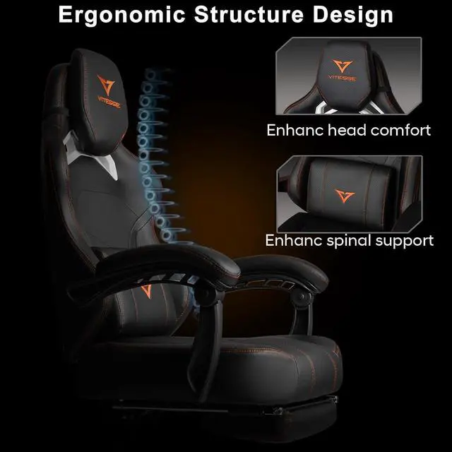Alt view image 5 of 7 - VITESSE Big and Tall Gaming Chair with Footrest,Ergonomic Video Gaming Chair with Oversized Headrest and Lumbar Support for Adults 400lb Weight Capacity,Computer Chair for Office or Gaming (Orange)