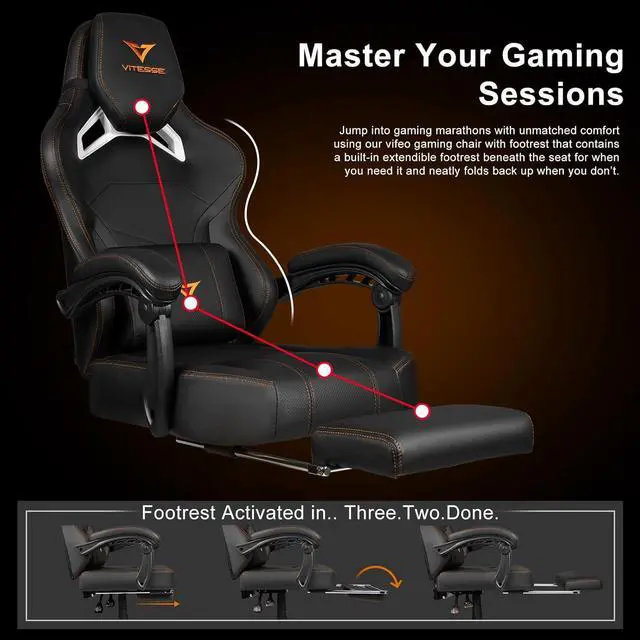 Alt view image 6 of 7 - VITESSE Big and Tall Gaming Chair with Footrest,Ergonomic Video Gaming Chair with Oversized Headrest and Lumbar Support for Adults 400lb Weight Capacity,Computer Chair for Office or Gaming (Orange)