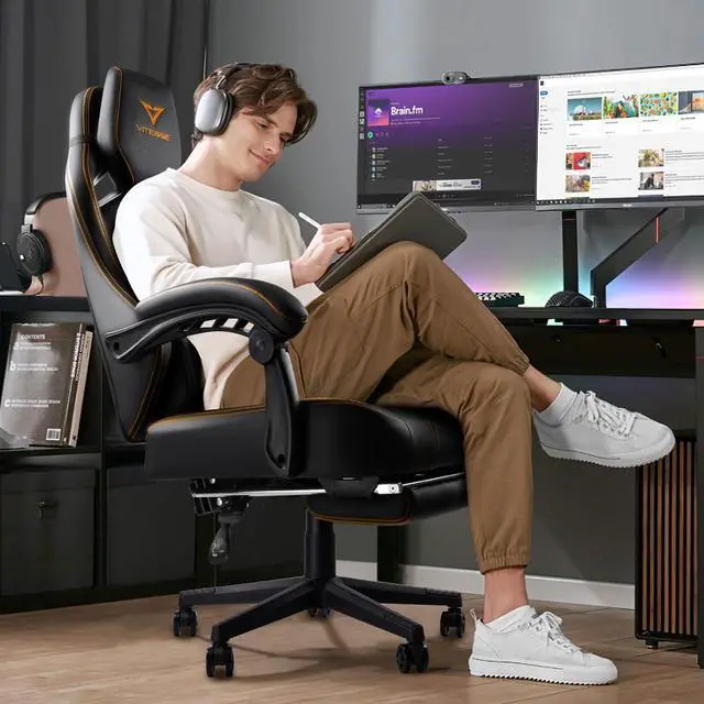 Alt view image 2 of 7 - VITESSE Big and Tall Gaming Chair with Footrest,Ergonomic Video Gaming Chair with Oversized Headrest and Lumbar Support for Adults 400lb Weight Capacity,Computer Chair for Office or Gaming (Orange)