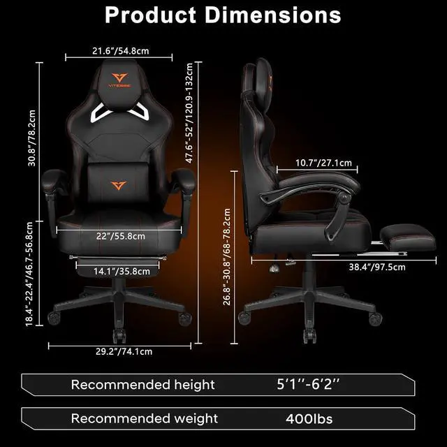 Alt view image 3 of 7 - VITESSE Big and Tall Gaming Chair with Footrest,Ergonomic Video Gaming Chair with Oversized Headrest and Lumbar Support for Adults 400lb Weight Capacity,Computer Chair for Office or Gaming (Orange)