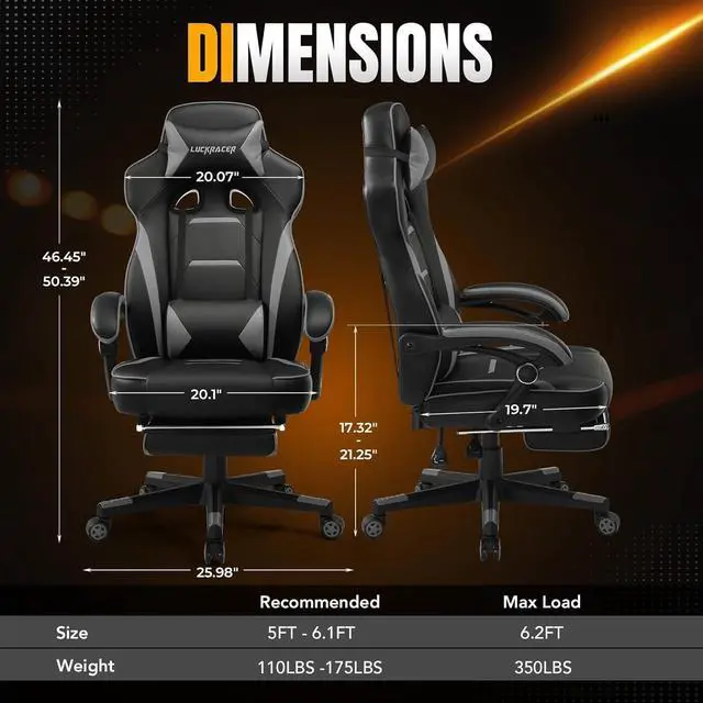 Alt view image 3 of 7 - LUCKRACER Gaming Chair, Video Game Chairs Gaming Computer Chair with Footrest 350Lb Heavy Duty Gaming Chair Ergonomic Office Chair Lumbar Support for Adults, High Back, Swivel Seat, Recliner(Grey)