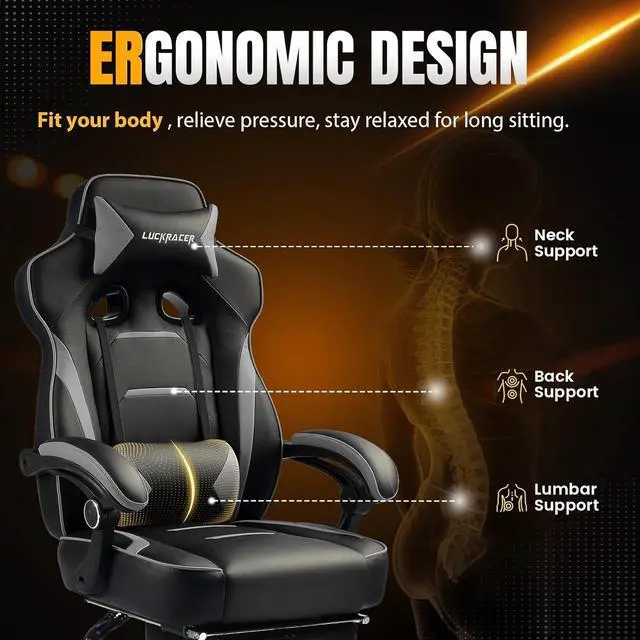 Alt view image 6 of 7 - LUCKRACER Gaming Chair, Video Game Chairs Gaming Computer Chair with Footrest 350Lb Heavy Duty Gaming Chair Ergonomic Office Chair Lumbar Support for Adults, High Back, Swivel Seat, Recliner(Grey)