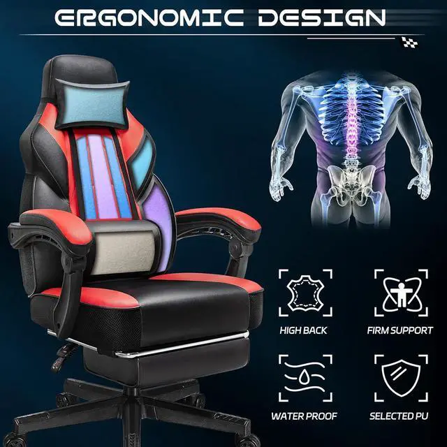 Alt view image 4 of 6 - Gaming Chair with Footrest, Video Game Chair for Adults, Big and Tall Computer Chair with Massage Lumbar Support 330lb Weight Capacity, Ergonomic Adjustable Height and 360° Swivel Seat (Red)