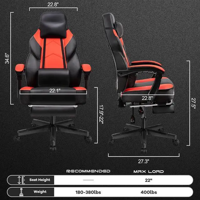 Alt view image 6 of 6 - Gaming Chair with Footrest, Video Game Chair for Adults, Big and Tall Computer Chair with Massage Lumbar Support 330lb Weight Capacity, Ergonomic Adjustable Height and 360° Swivel Seat (Red)