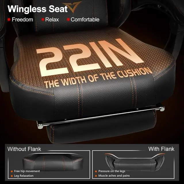 Alt view image 4 of 7 - VITESSE Big and Tall Gaming Chair with Footrest,Ergonomic Video Gaming Chair with Oversized Headrest and Lumbar Support for Adults 400lb Weight Capacity,Computer Chair for Office or Gaming (Orange)