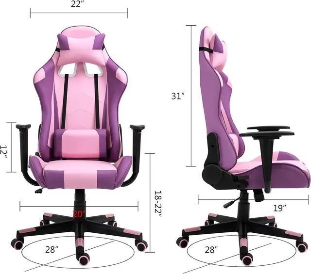 Alt view image 2 of 7 - Modern-Depo Gaming Chair with Headrest and Lumbar Support, Height Adjustable Swivel Office Chair, High-Back Recliner, Purple Pink