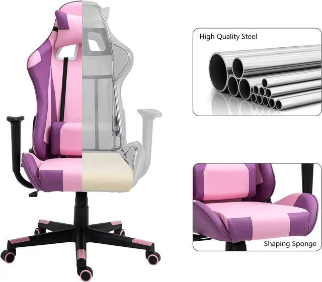 Alt view image 4 of 7 - Modern-Depo Gaming Chair with Headrest and Lumbar Support, Height Adjustable Swivel Office Chair, High-Back Recliner, Purple Pink