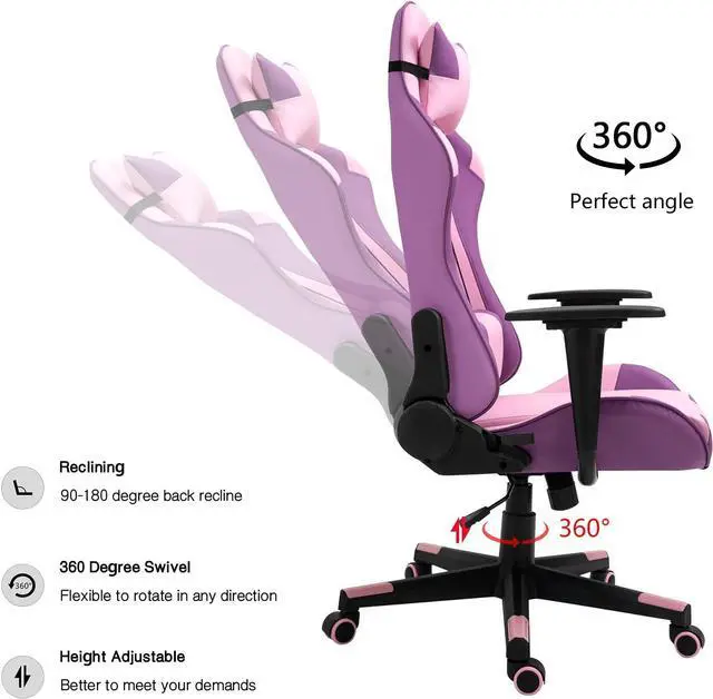 Alt view image 5 of 7 - Modern-Depo Gaming Chair with Headrest and Lumbar Support, Height Adjustable Swivel Office Chair, High-Back Recliner, Purple Pink