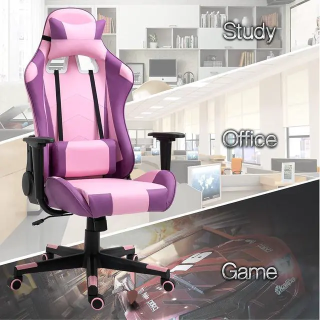 Alt view image 7 of 7 - Modern-Depo Gaming Chair with Headrest and Lumbar Support, Height Adjustable Swivel Office Chair, High-Back Recliner, Purple Pink