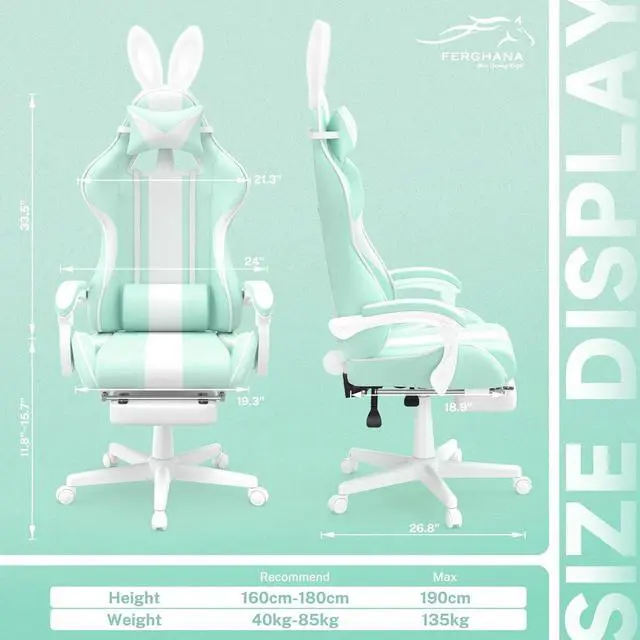 Alt view image 3 of 7 - Ferghana Kawaii Light Green Gaming Chair with Bunny Ears, Ergonomic Cute Gamer Chair with Footrest and Massage, Racing Reclining Leather Computer Game Chair for Girls Adults Teens Kids